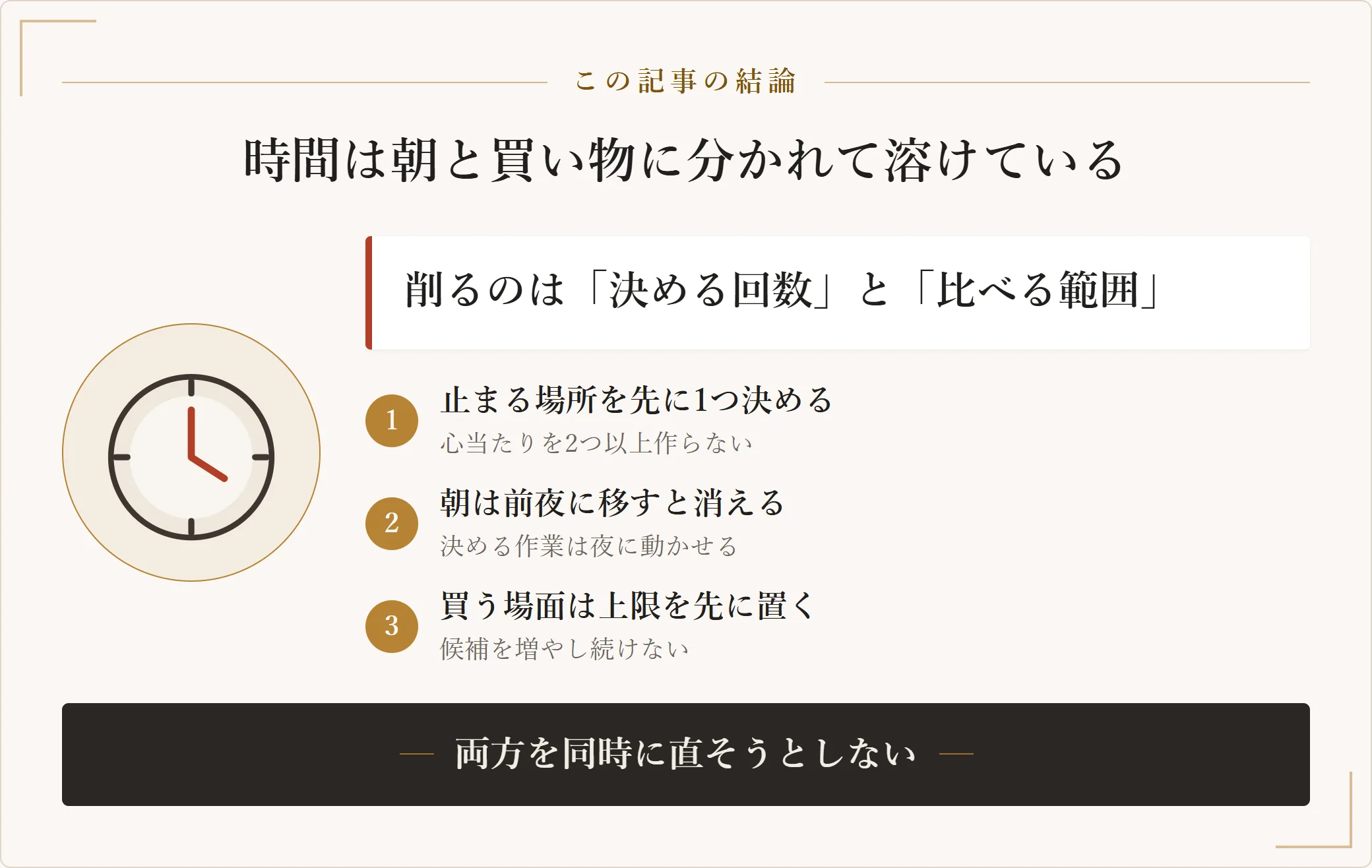 服を選ぶ時間が朝と買い物に分かれて消えていることを示し、朝は決める回数、買い物は比べる範囲を削ると整理した図