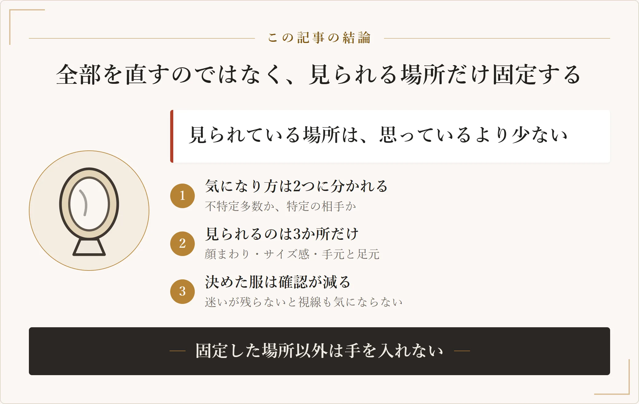 服で人の目が気になるとき、見られている場所は顔まわり・全体のサイズ感・手元と足元の3か所に限られると示した図
