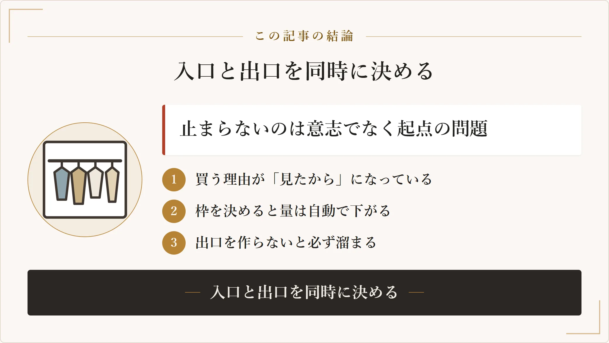 服の買いすぎを止めるには入口と出口を同時に決める必要があり、出口が閉じたまま入口だけ絞ると反動が来ることを示した図