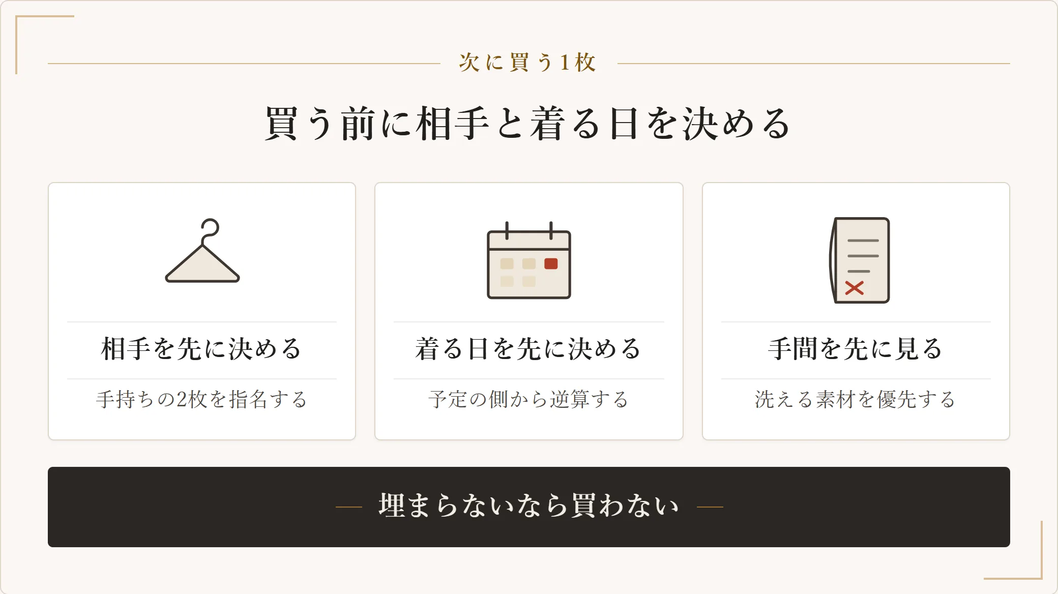 次に買う1枚を着る服にするための3つの条件を示した図。合わせる相手を先に決める、着る日を先に決める、手入れの手間を先に見るの3つを示した図