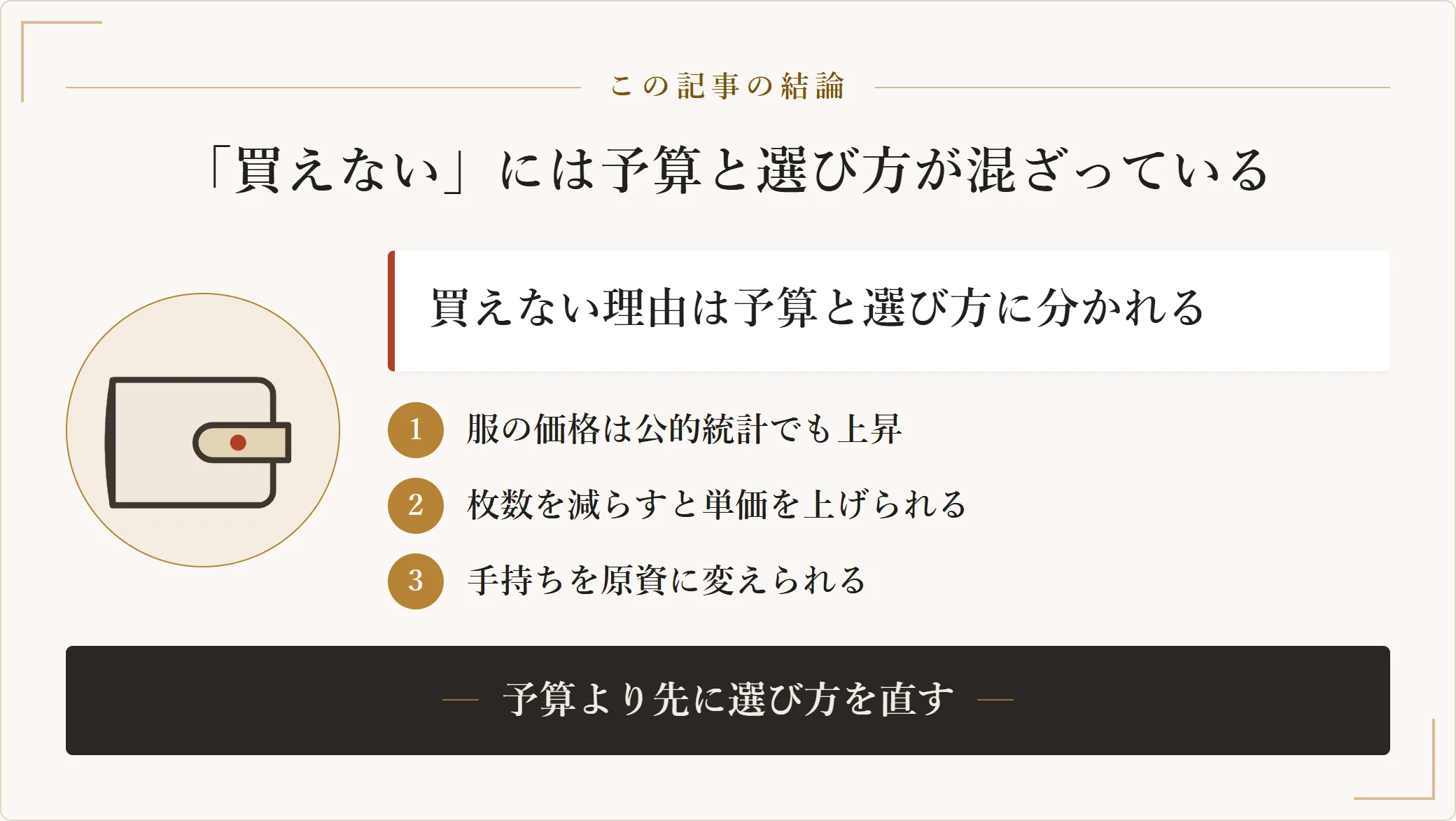 服が高くて買えない状態には予算そのものが足りない場合と選び方でつまずいている場合があり、先に選び方を見直すべきだと示した図