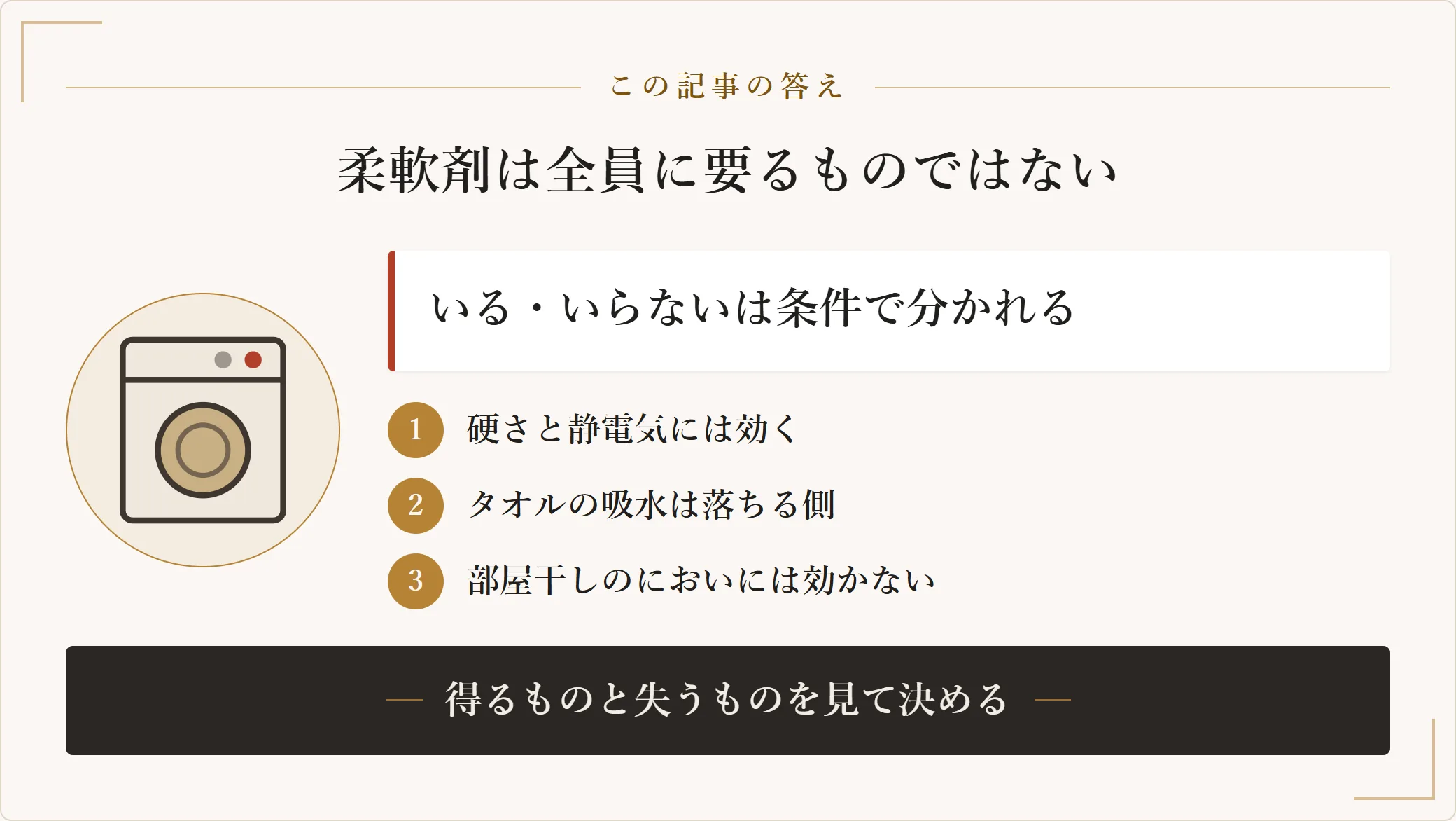 柔軟剤は硬さと静電気には効くがタオルの吸水は落ちる側に働き、部屋干しのにおいには効かないため、得るものと失うものを見て条件ごとに決めるという記事の答えを示した図