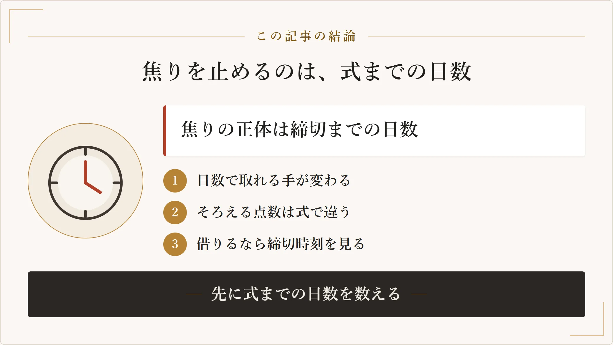 冠婚葬祭の服を持っていないときの焦りは服の有無ではなく式までの日数が決まっていないことから生まれており、先に日数を数えると取れる手が絞られることを示した図