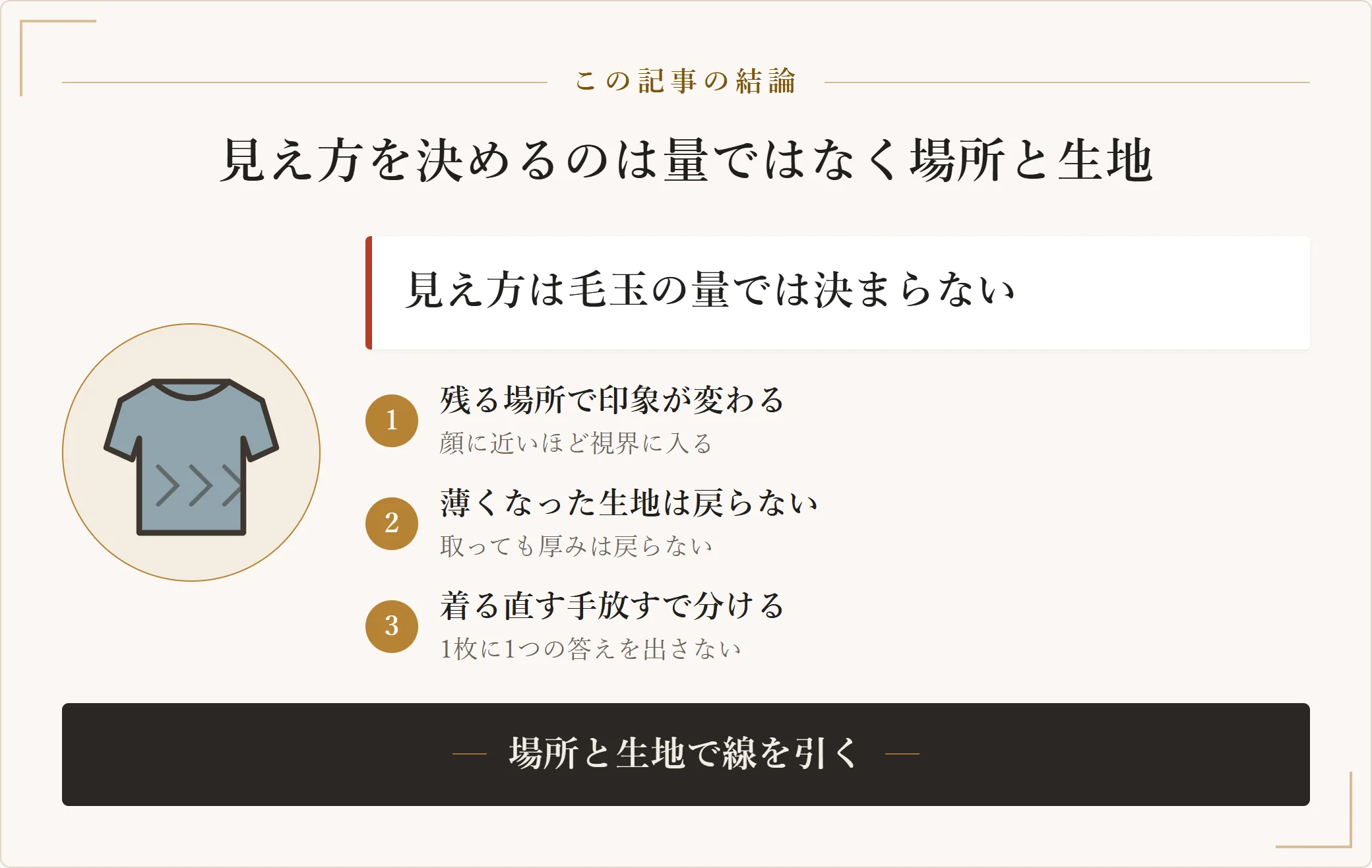 服の毛玉がみっともなく見えるかは毛玉の量ではなく、毛玉が残っている場所と取ったあとの生地の残りで決まることを示した図