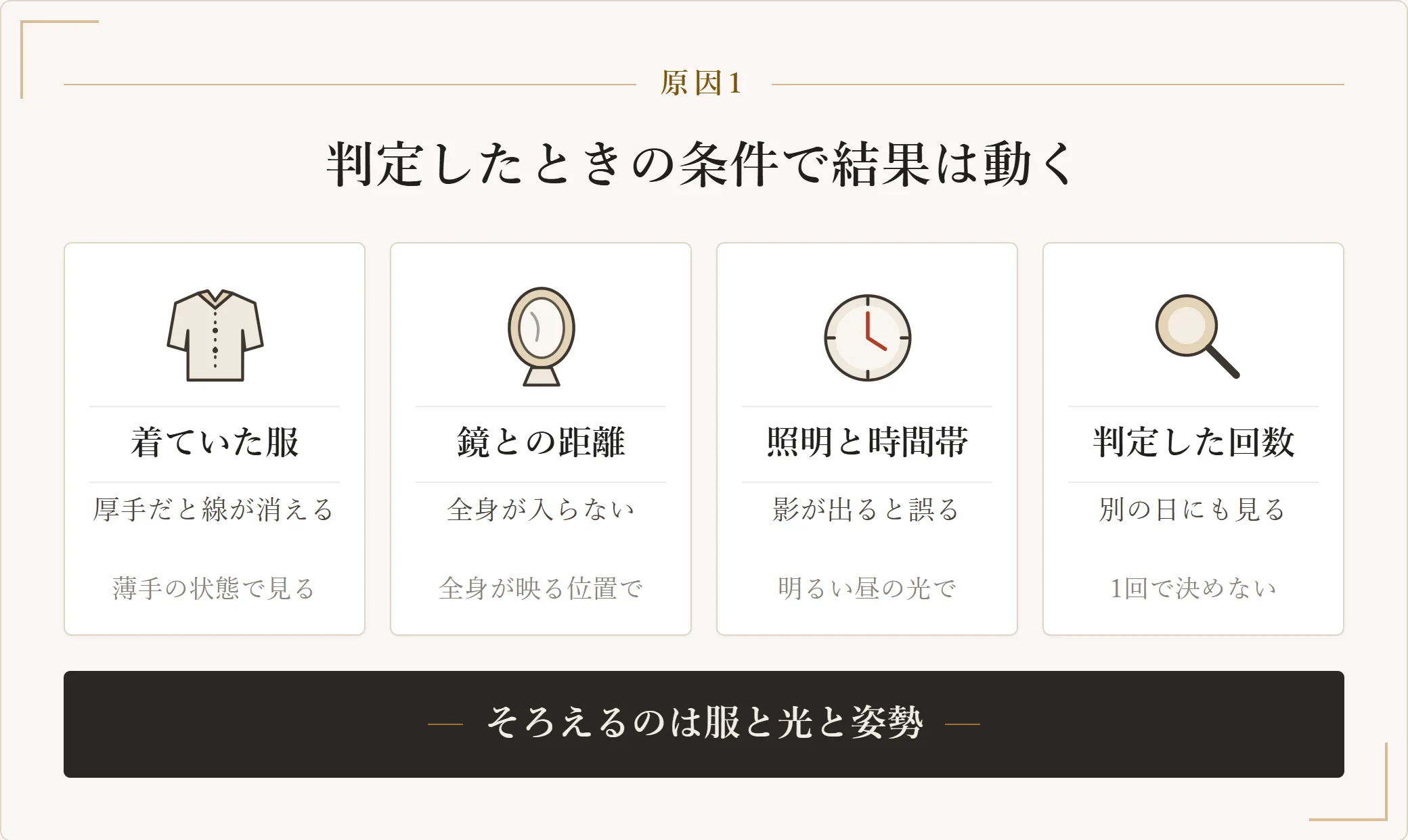 骨格診断のセルフチェックで結果が変わる4つの条件を示した図。着ていた服、鏡との距離と姿勢、照明と時間帯、判定した回数を示した図