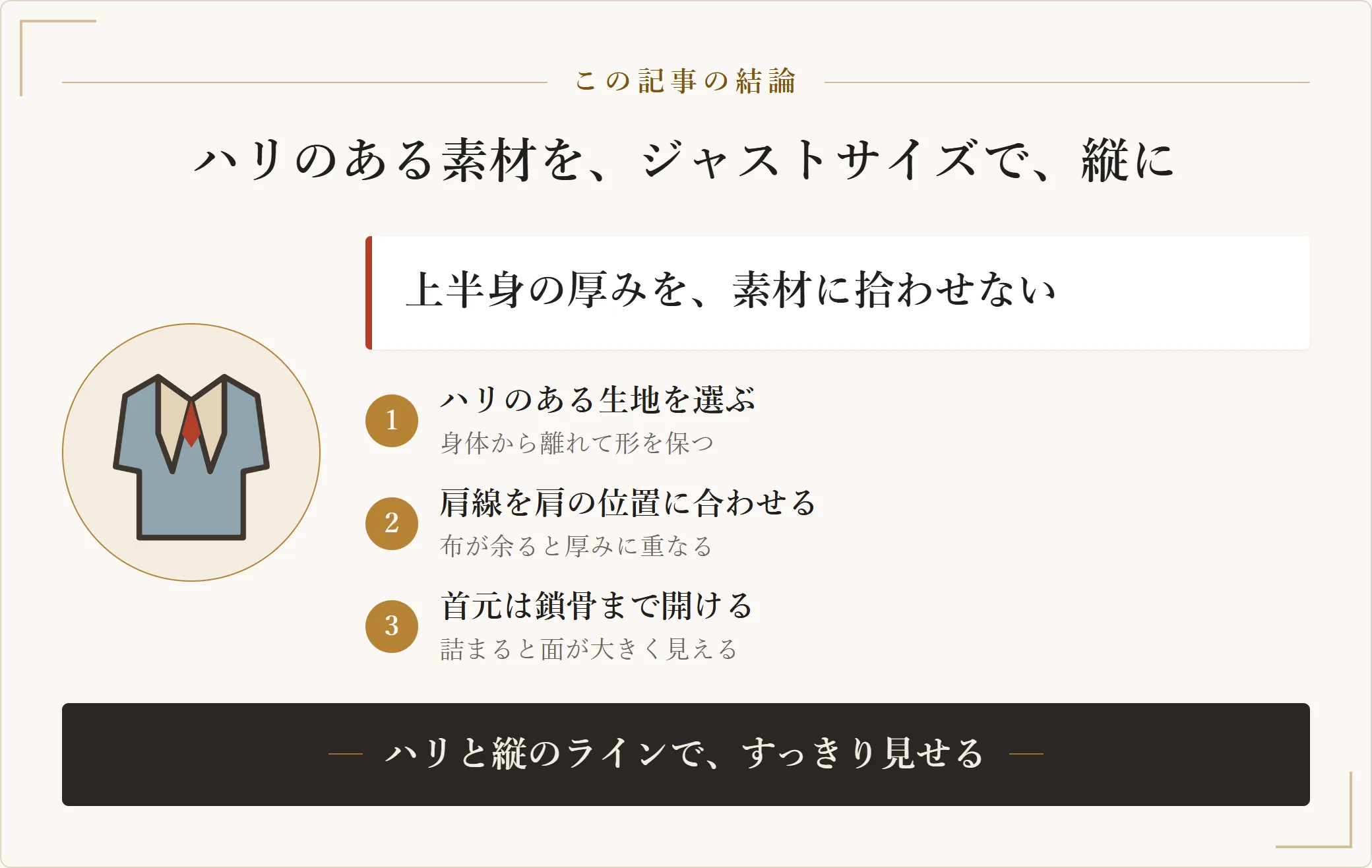 骨格ストレートの服選びを要約した図。ハリのある生地を選び、肩線を肩の位置に合わせ、首元は鎖骨まで開ける。上半身の厚みを素材に拾わせないのが軸