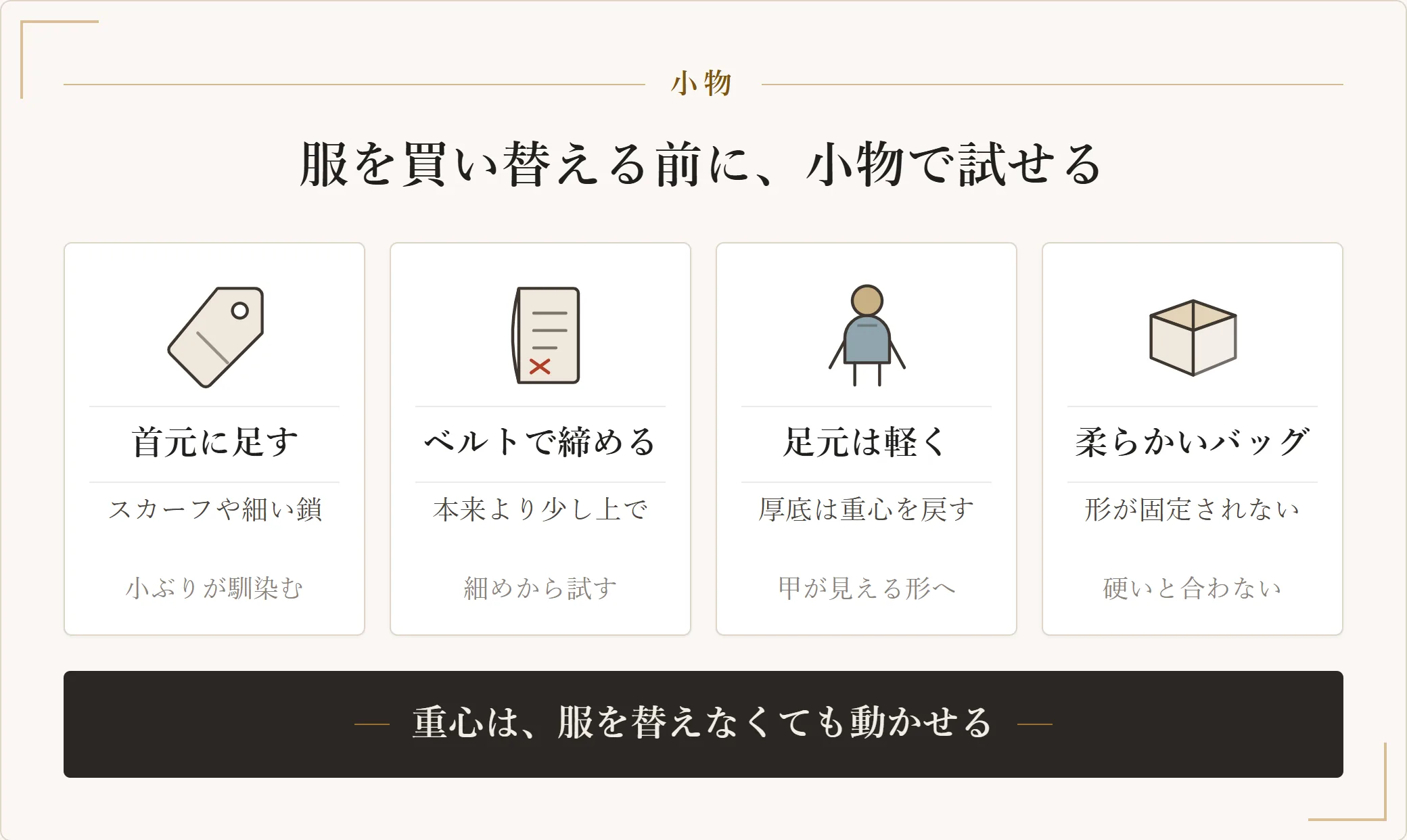 骨格ウェーブが小物で重心を調整する方法を四つ示した図。首元にスカーフやネックレスを足す、細めのベルトで切り替えを作る、足元は軽い靴にする、バッグは柔らかいものを選ぶ