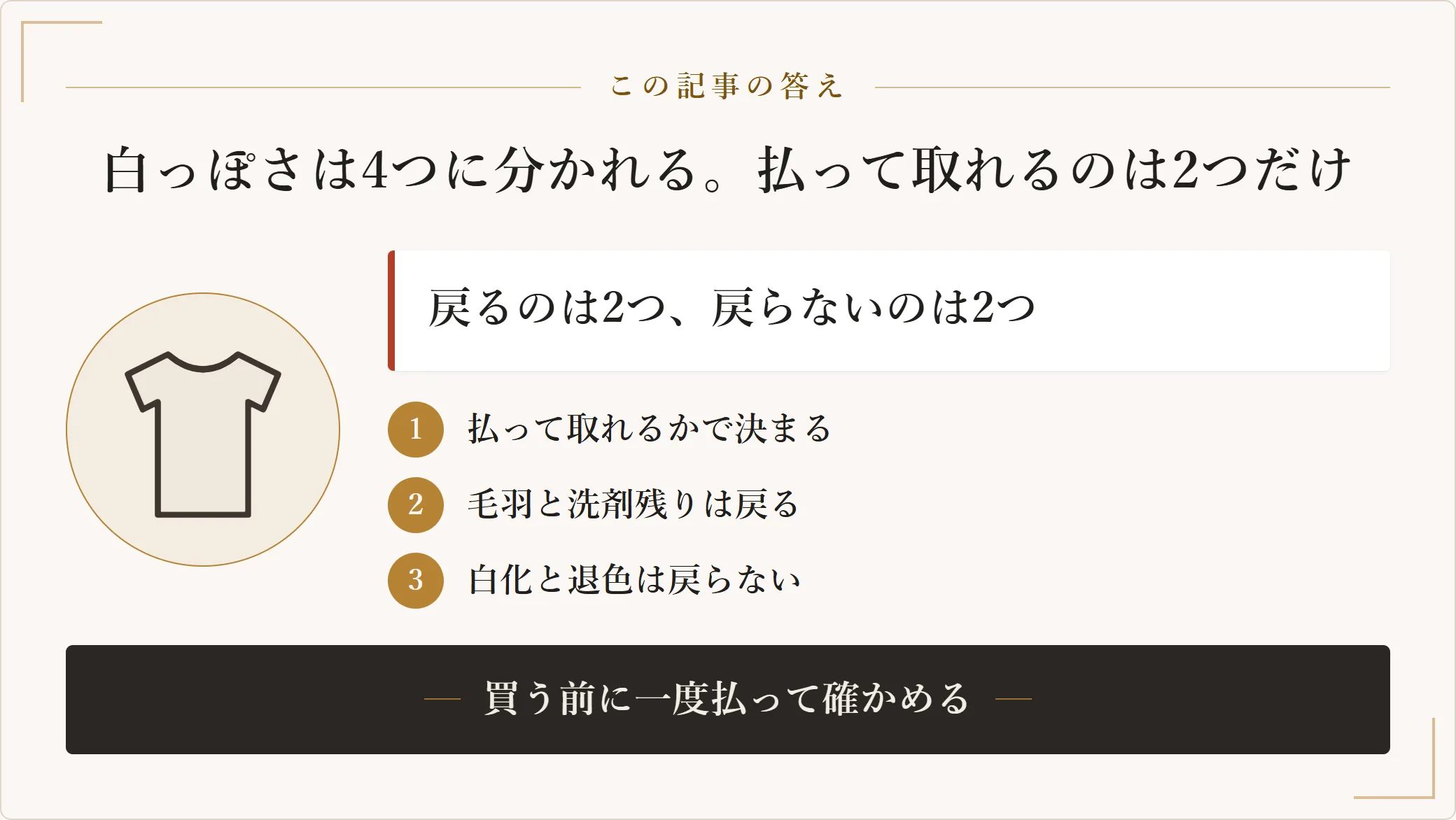 黒い服が白っぽく見える原因は4つに分かれ、戻るのは表面に付いた毛羽と洗剤成分の残りの2つ、戻らないのは生地の白化と染料の退色の2つで、判定は払って取れるかどうかで決まるという記事の答えを示した図