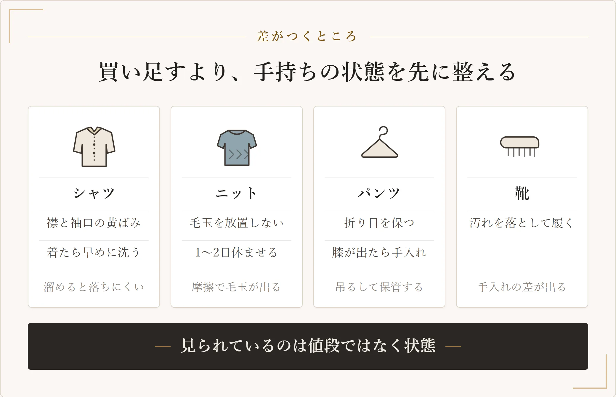 オフィスカジュアルの手入れ。シャツは襟と袖口の黄ばみ、ニットは毛玉と休ませる間隔、パンツは折り目、靴は汚れ落としが評価を左右する