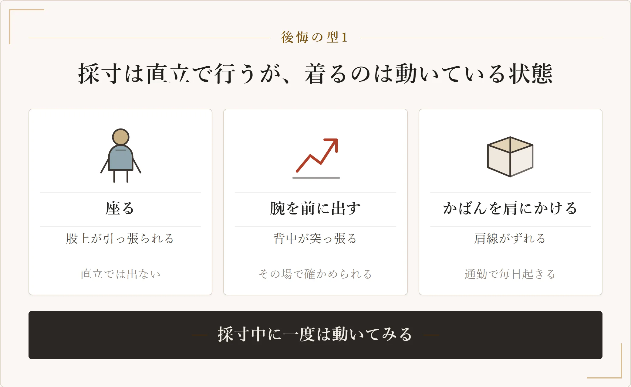 オーダースーツの採寸で確かめたい3つの動き。座ると股上が引っ張られ、腕を前に出すと背中が突っ張り、かばんを肩にかけると肩線がずれる