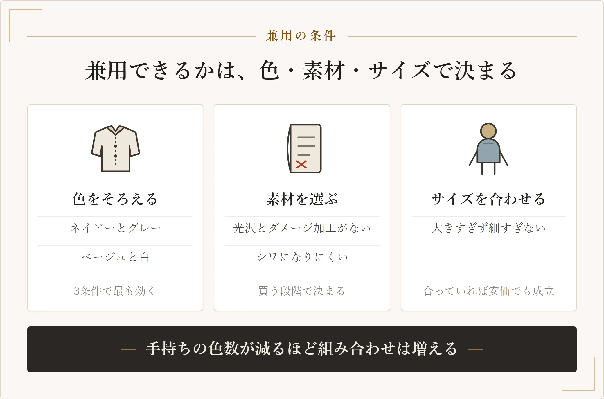 通勤と休日で兼用できる服の3条件。色はネイビーやグレーなどに寄せる、素材は光沢とダメージ加工がなくシワになりにくいもの、サイズは大きすぎず細すぎないもの