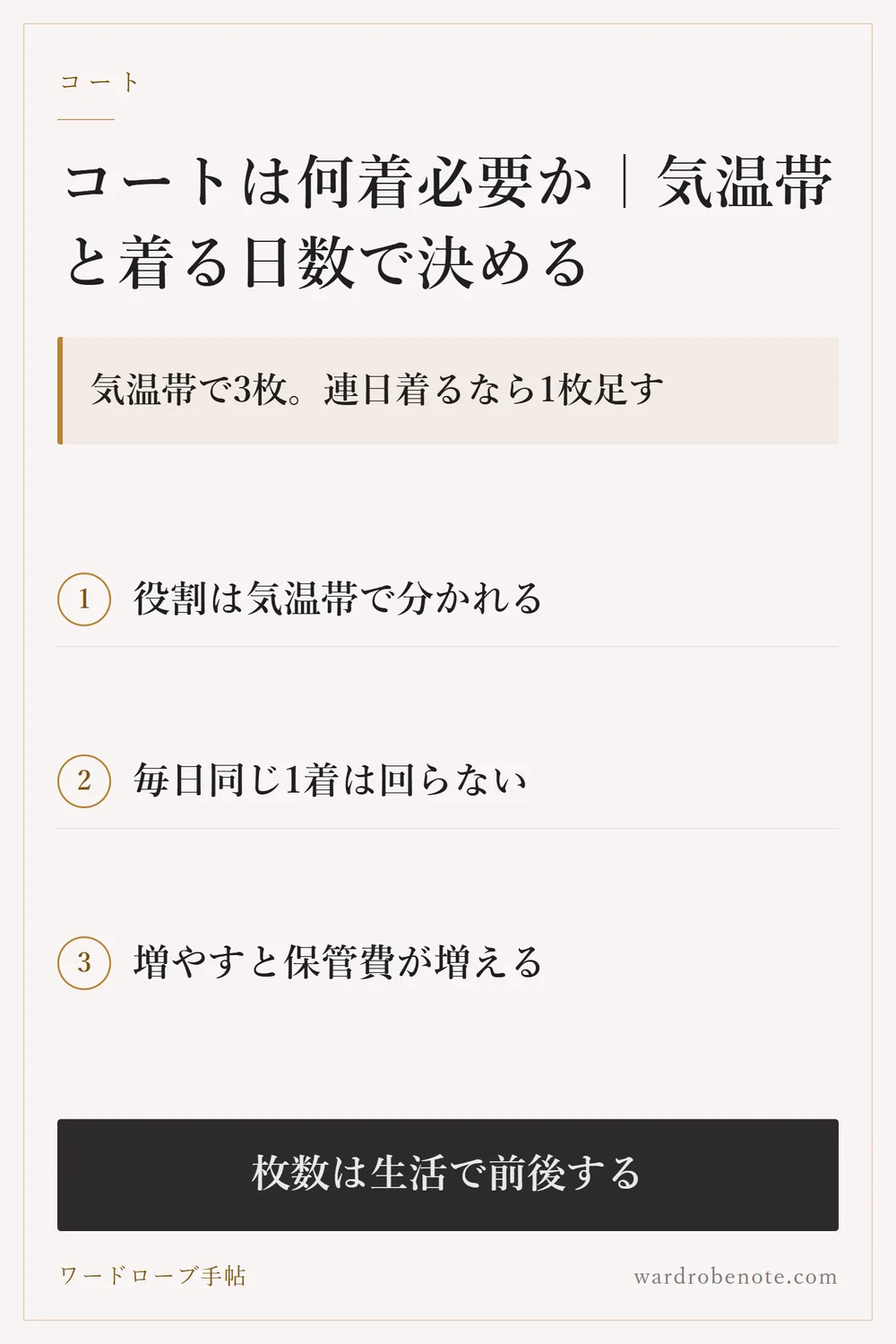 コートは何着必要か｜気温帯と着る日数で決める｜気温帯で3枚。連日着るなら1枚足す