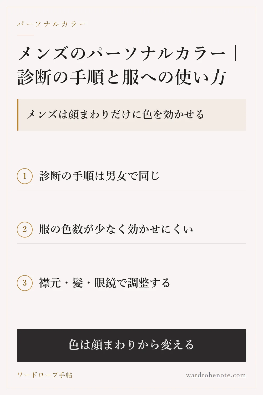 メンズのパーソナルカラー｜診断の手順と服への使い方｜メンズは顔まわりだけに色を効かせる